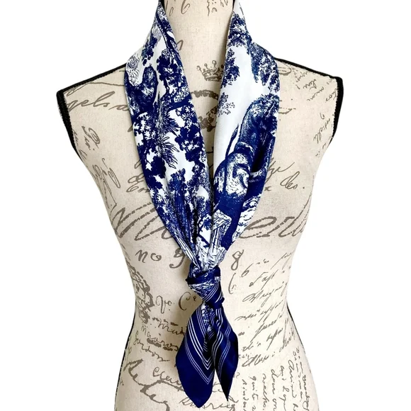 Floral Satin Square Scarf Blue White 35" Head Hair Neck Bandana Preppy New - Picture 10 of 17
